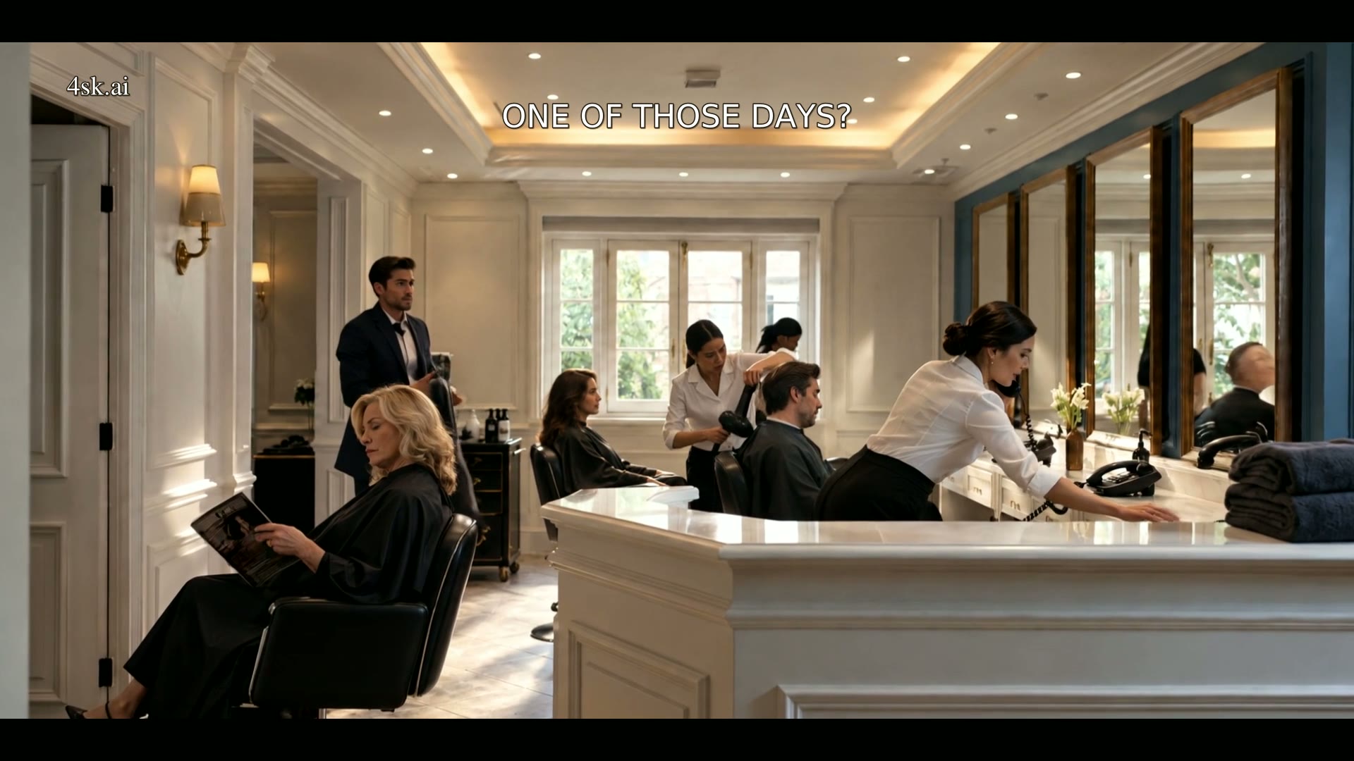 Busy salon reception featured in the 4sk.ai film